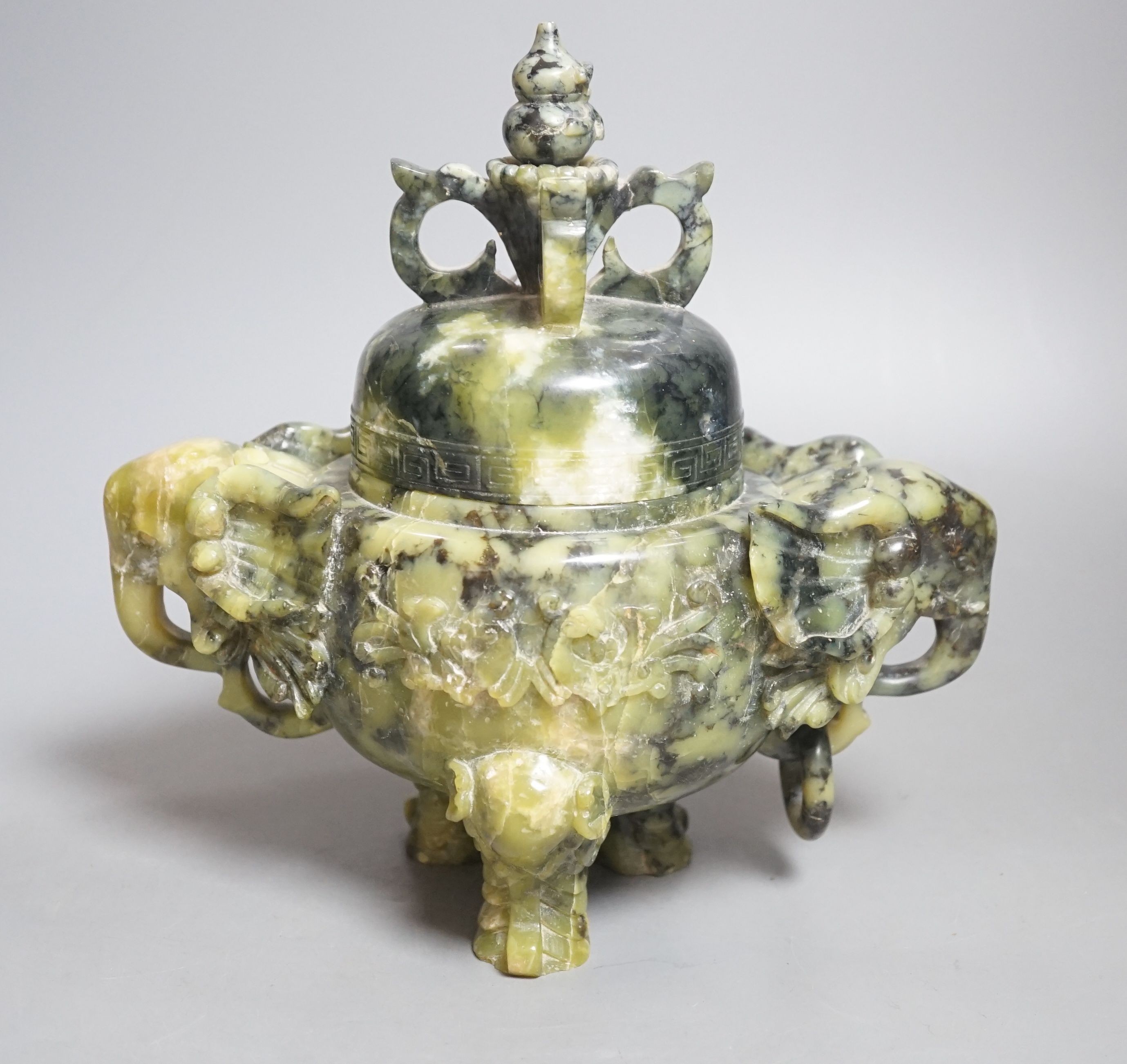 A Chinese spinach green quartz censer and cover, 23cm wide
